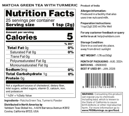 VAHDAM,Turmeric Matcha Green Tea Powder (25 Cups/1.76oz) With Curcumin - Pure Japanese Matcha Powder With Indian Turmeric Powder | Delicious Matcha Latte