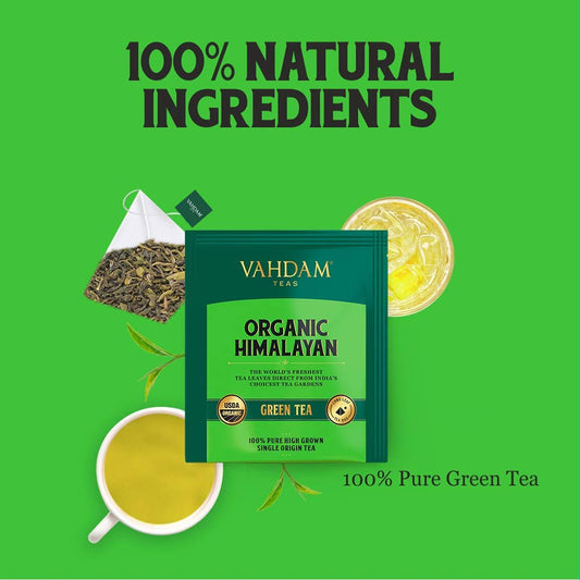 VAHDAM, Himalayan Green Tea (30 Count) High Grown, Non GMO, Gluten Free, Med Caffeine | Earthy & Smooth | Resealable & Individually Wrapped | Plant-Based Pyramid Tea Bags