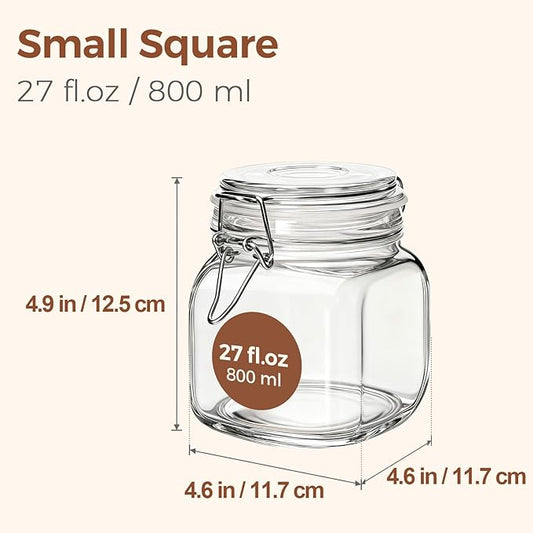 ComSaf 27oz Airtight Glass Canisters with Lids Set of 6, Square Food Storage Jar Container with Clamp Lids for Kitchen Canning Cereal Coffee Pasta Sugar Beans Spice, Clear Mason Jars with 12 Labels