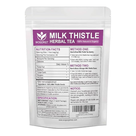 Wogorgt Dried Milk Thistle Tea - Organic Milk Thistle Herbal Tea, Antioxidant and Immune Support, Caffeine Free - 30 Tea Bags