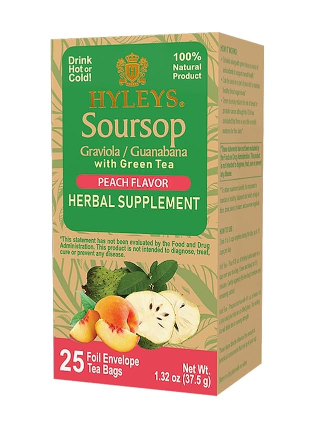 12 Pack of Hyleys Wellness Natural Soursop With Green Tea Peach Flavor - 25 Tea Bags (100% Natural, Sugar Free, Gluten Free & Non-Gmo)