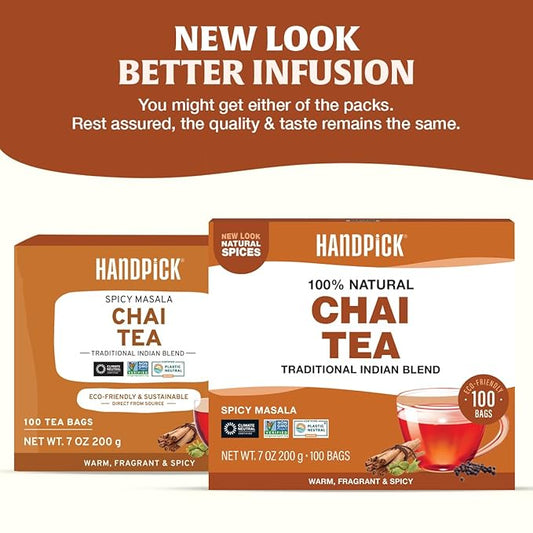 HANDPICK Masala Chai Tea Bags (100 Count) Strong Robust & Aromatic, Blended with Exotic Spices, Cinnamon, Black Pepper, Cloves & Cardamom - Premium Quality Eco-conscious Round Bags
