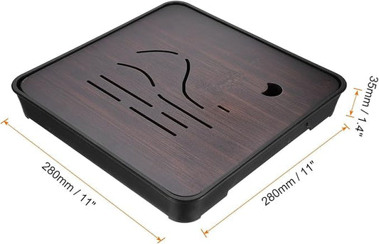 HARFINGTON Bamboo Chinese Gong Fu Tea Tray 11" Beautiful Mountain Pattern Tea Tray Bamboo Tea Table Furniture Vintage Tea with Water Storage Box for Drinking Tea Brown Black