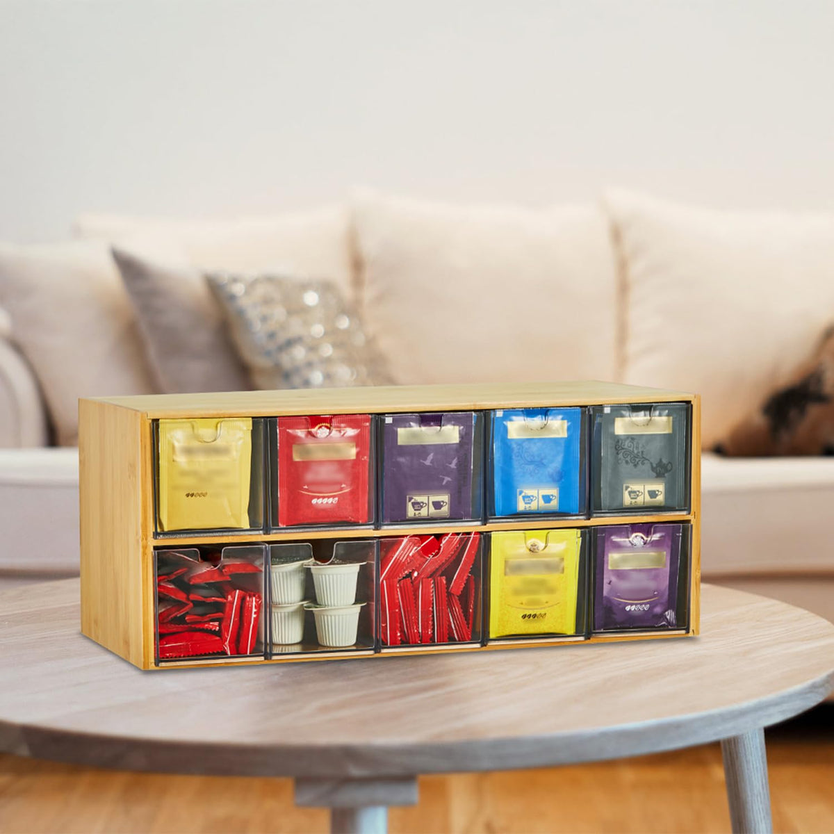TIMIEEYA Tea Bag Organizer - Bamboo Tea Storage Organizer With Drawer 2 Layer, Tea Organizer for Tea Bags Natural Wood &