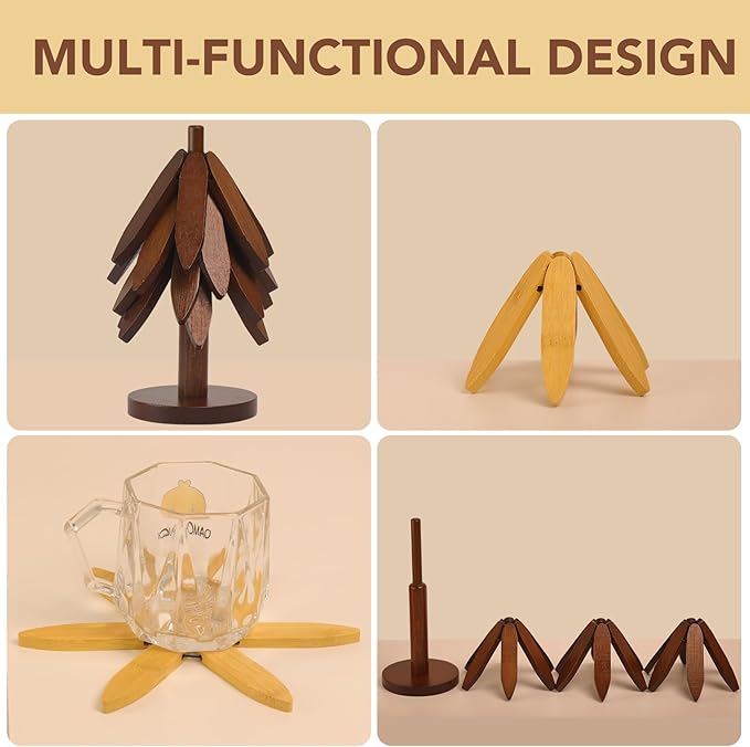 Tree Shape Bamboo TrivetKitchen Decor Tree shaped Holder Beech wood Foldable Design Hot Dishes, Pot, Teapot, Plates, Bowls (Walnut-4)