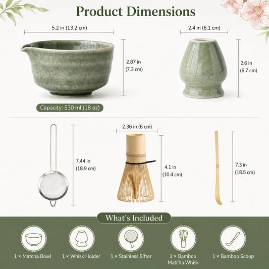 Buucup Matcha Set, Matcha Bowl with Spout, Matcha Whisk and Holder, Bamboo matcha Scoop and Stainless Sifter - 5 Pcs Jade