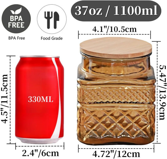 ANSQU Square Glass Jar, 37 Fl oz Candy Jar with Lid, Glass Food Storage Containers for Ground Coffee, Tea, Sugar, Decorative Mason Jar (Yellow)