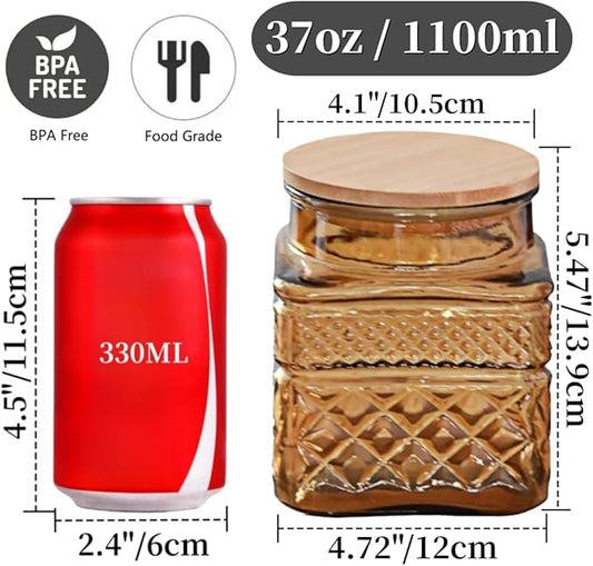 ANSQU Square Glass Jar, 37 Fl oz Candy Jar with Lid, Glass Food Storage Containers for Ground Coffee, Tea, Sugar, Decorative Mason Jar (Yellow)