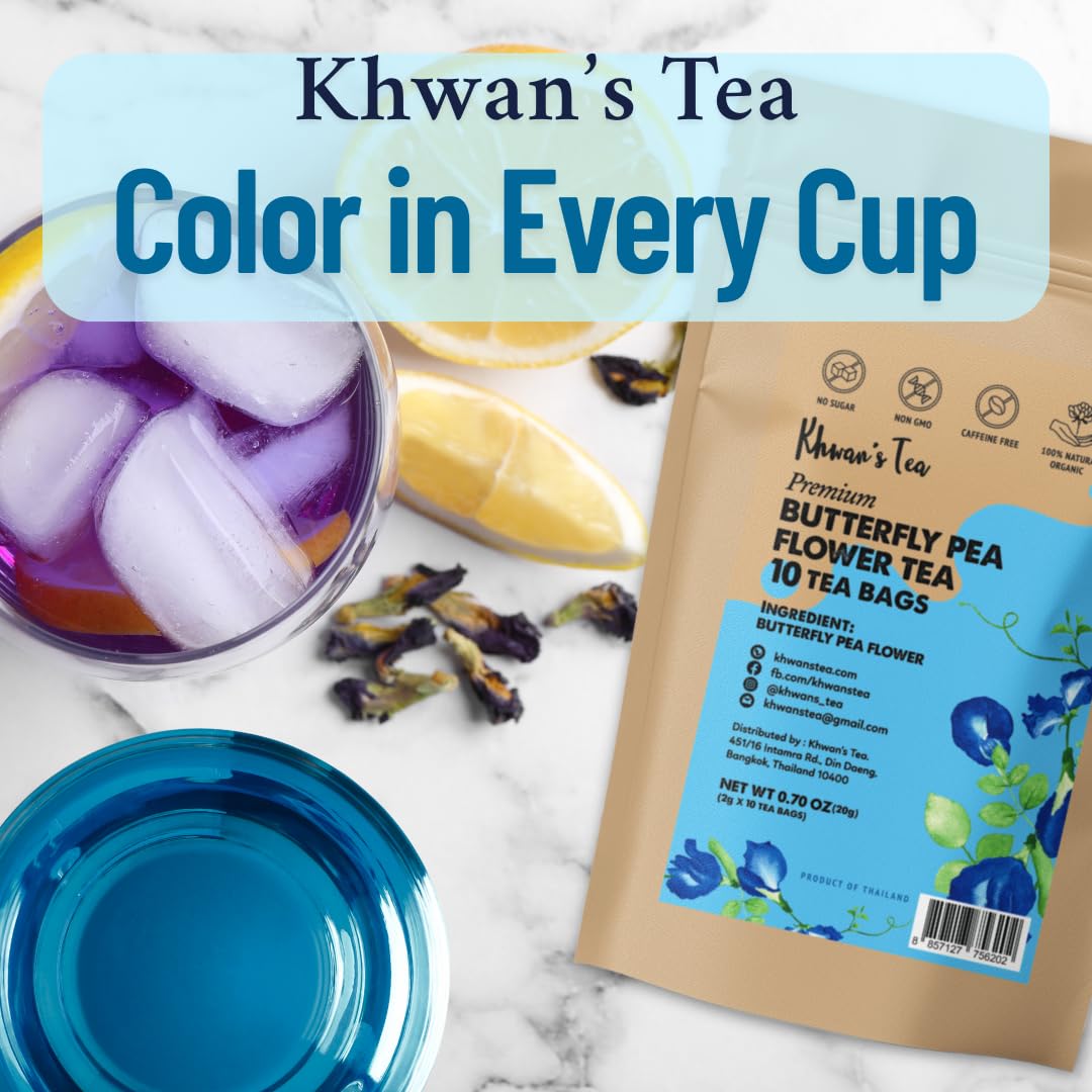 KHWAN'S TEA Organic Butterfly Pea Flower Tea Bags, USDA Organic, 10 Count | Organic butterfly pea flower tea bags, color-changing blue herbal tea, whole-flower, caffeine-free, vegan, Thai-grown, 10 ct