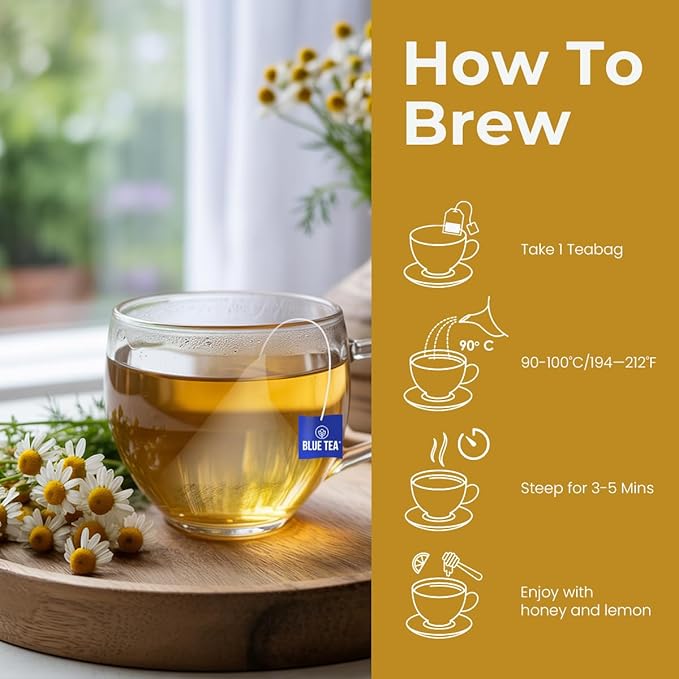 Blue TEA - Chamomile Tea For Sleep - 25 Count - Plant Based Tea Bags, Get a good Sleep, Relaxation, Stress Relief, Caffeine Free - Flower Based