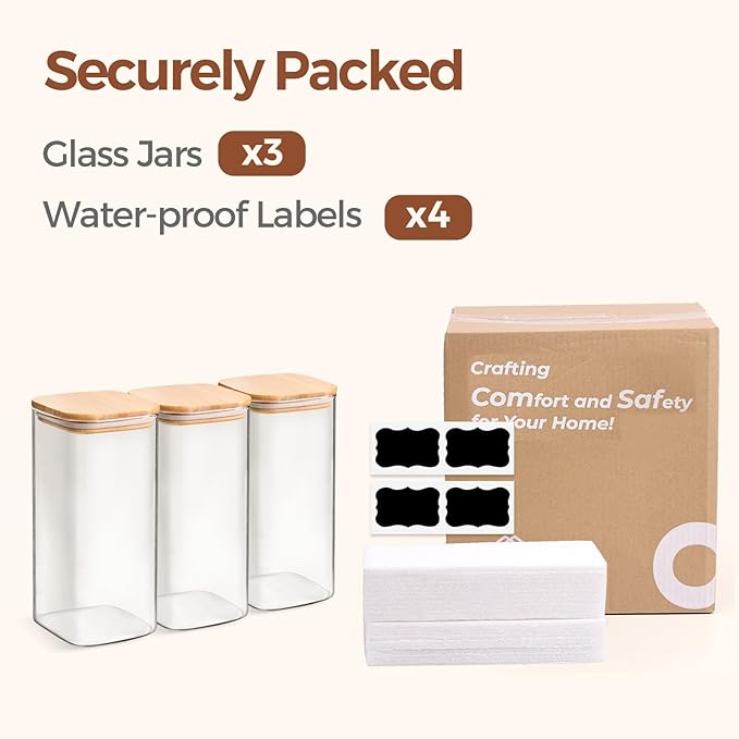 ComSaf Airtight Glass Storage Canister with Wood Lid (1.6 Qt), Clear Food Storage Container Jar with Sealing Lids for Oat Pasta Flour Cereal Rice