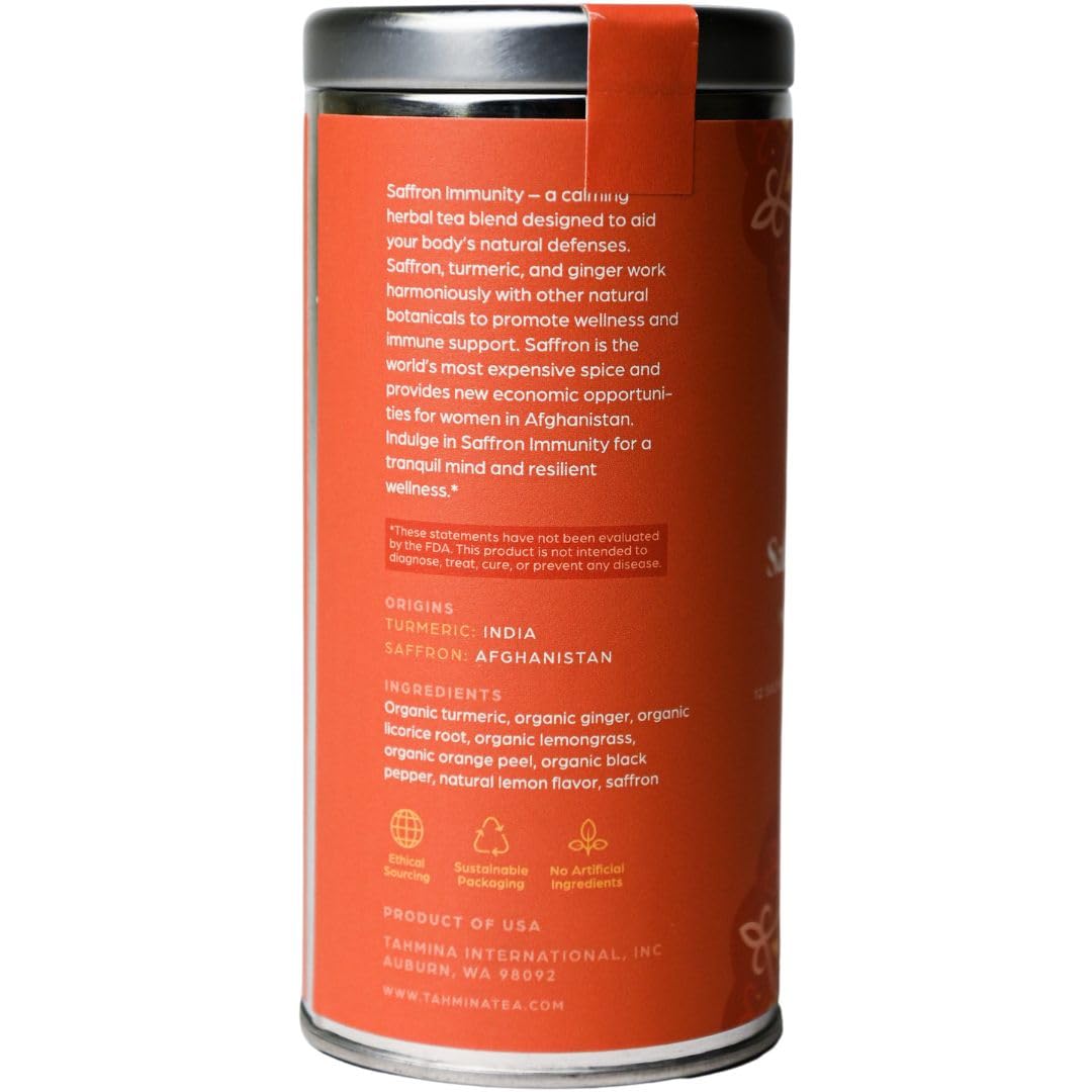 Tahmina Saffron Immunity Caffeine Free Tea: Calming Turmeric and Ginger with Saffron, 12 Biodegradable Pyramid Tea Bags, Makes 36 Cups of Tea (1 Pack)