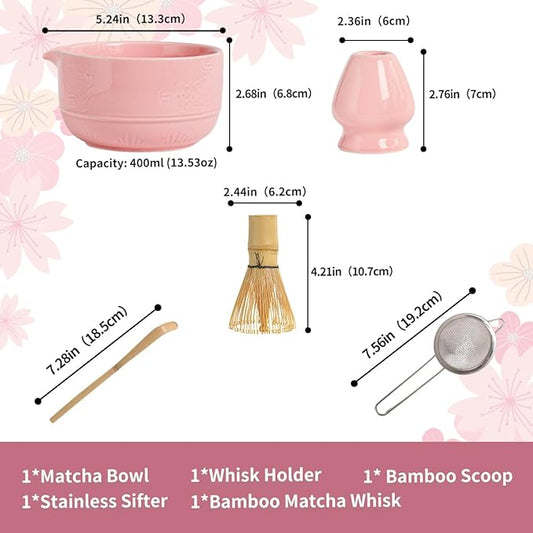 Matcha Tea Set, 5-Piece Ceramic Matcha Bowl & Whisk Kit with Cute Cat Pattern, Traditional Japanese Chawan, Scoop & Sifter, Perfect for Tea Ceremony