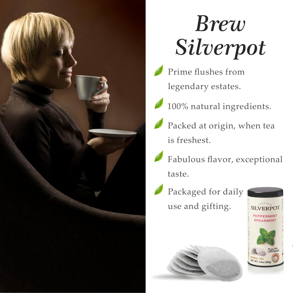 Silverpot Peppermint & Spearmint Tea Bags, 50 Count, Mint Herbal Tea, Refreshing & Relaxing, Peppermint Tea, Spearmint Tea, Mint Leaves, Hot or Iced, Caffeine Free, 100% Natural
