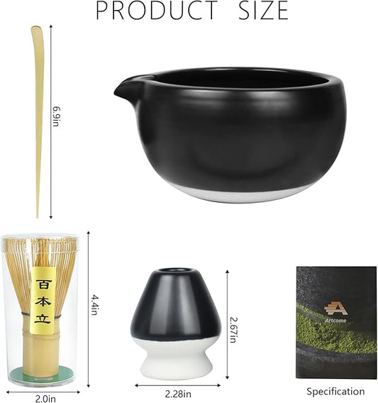 Artcome 4 Pcs Complete Matcha Ceremony Kit - Bowl With Pouring Spout, Whisk, Holder, Scoop - Japanese Tea Set for Making Usucha