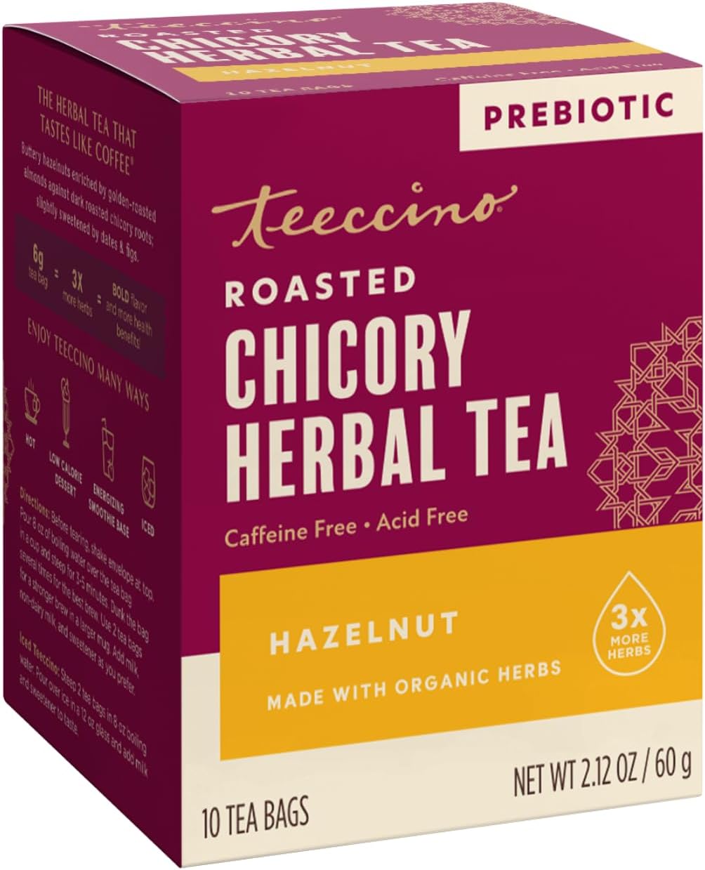 Teeccino Hazelnut Roasted Herbal Tea - Caffeine Free, Prebiotic, 3x More Herbs - 10 Tea Bags