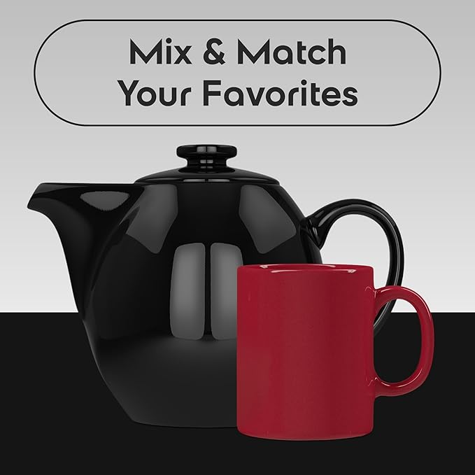 OmniWare 24 Oz Stoneware Teapot with Stainless Steel Mesh Infuser (Black) - Microwave & Dishwasher Safe, Removable Infuser
