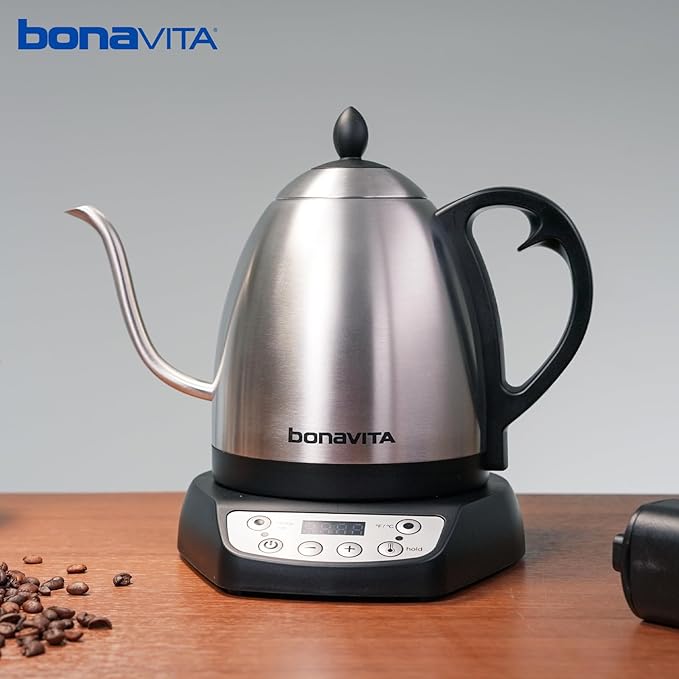 Bonavita 1L Digital Variable Temperature Gooseneck Electric Kettle for Coffee Brew and Tea Precise Pour Control, 6 Preset Temps, Café or Home Use