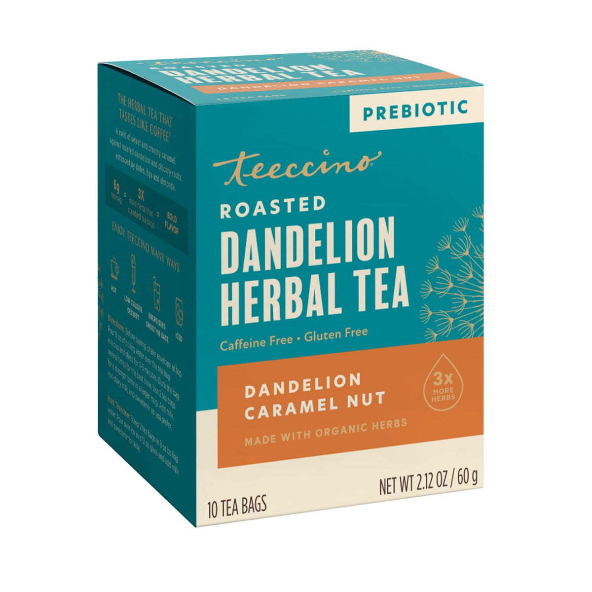 Teeccino Dandelion Caramel Nut Tea - 10 Tea Bags - Caffeine Free, Roasted Herbal Tea with Prebiotics, 3x More Herbs than Regular Tea Bags, Gluten Free