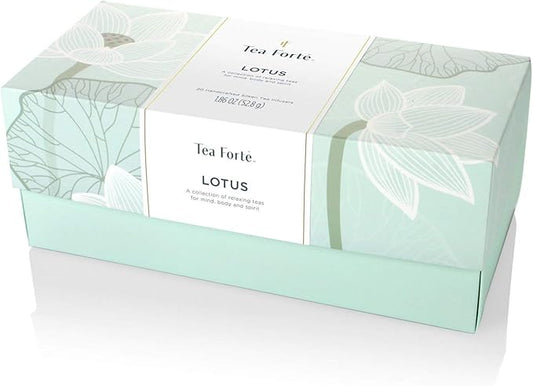 Tea Forte Lotus Presentation Box Tea Gift Set Sampler, 20 Assorted Variety Handcrafted Pyramid Infuser Bags, Black, Green, Oolong, White, Herbal Blends