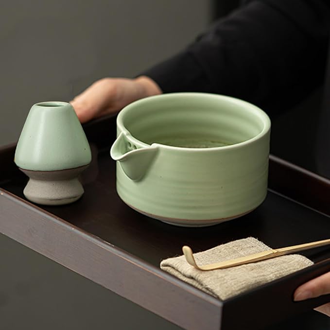 Handmade Ceramic Matcha Bowl Set with Spout & Whisk Holder - Traditional Chasen Tea Whisk Ritual Kit, Gift-Ready Chawan for Matcha Lovers (Green)