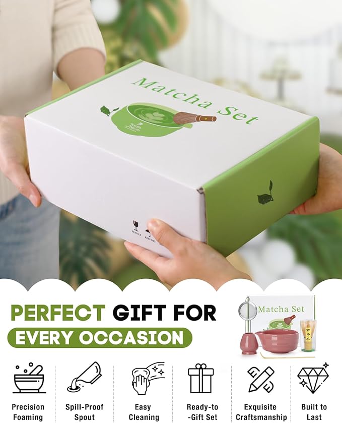 5PCS Pink Matcha Set - 17OZ Ceremonial Bowl with Spout, Bamboo Whisk (Chasen), Stainless Sifter, Scoop & Holder, Matcha Kit for Matcha Lovers, Pink