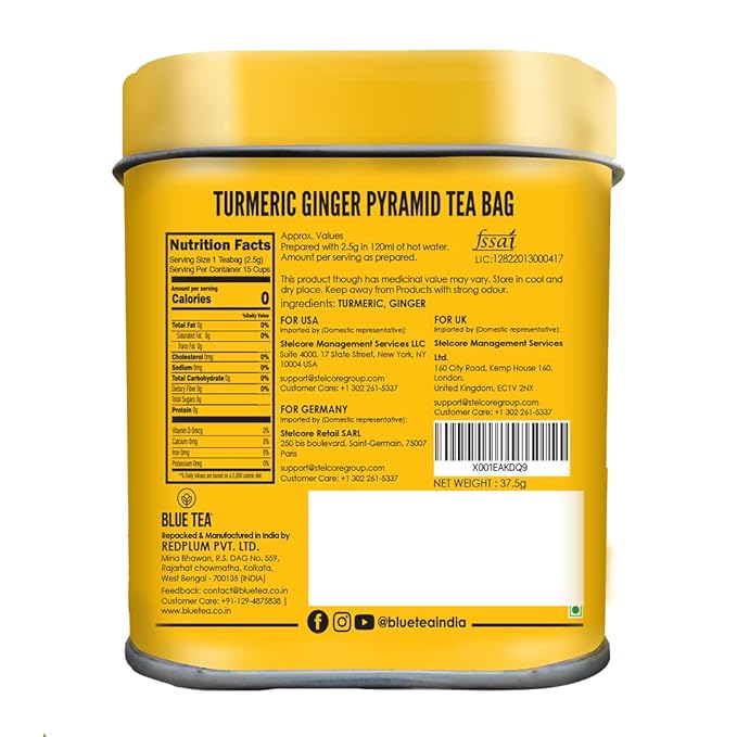 BLUE TEA - Turmeric Ginger Tea - 15 Count - Pyramid Plant Based Tea Bag | CURCUMIN RICH - HERBAL BLEND | Herbal Tea - Caffeine Free - Non-GMO - Vegan - Earthy Flavor - Healthy | Reusable Tin Pack