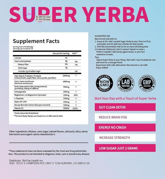 Super Yerba Mate Instant Tea Powder, Low Sugar Content - Raspberry Lemonade Flavor