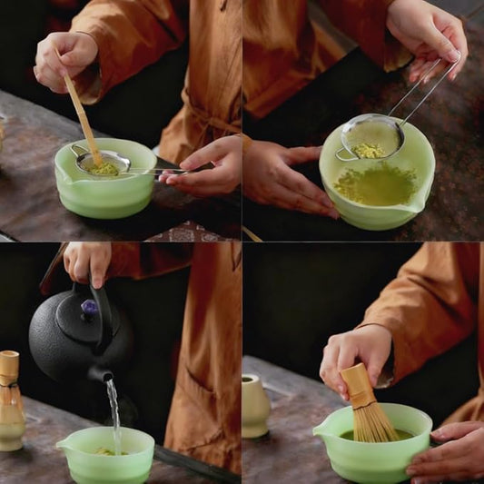 ZaH Matcha Whisk Set Includes Matcha Whisk and Bowl/Ceramics Whisk Holder/Bamboo Tea Scoop/Sifter - Japanese Matcha Set Kit (5pcs), Green
