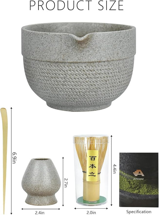 Matcha Tea Set – 4 Piece Traditional Japanese Matcha Kit with Pouring Spout Bowl, Whisk, Holder, Scoop & Guide