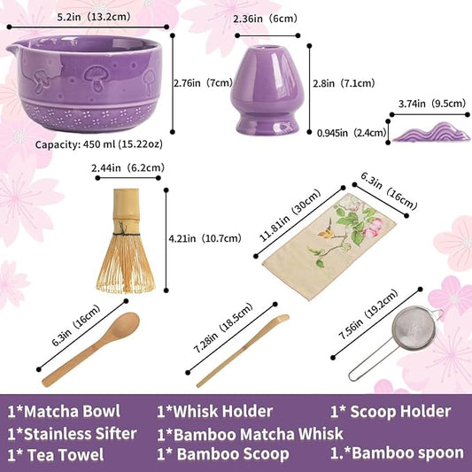 Matcha Set, 8-Piece Ceramic Matcha Bowl & Whisk Kit with Mushroom Pattern, Traditional Japanese Chawan, Bamboo Chasen, Scoop & Sifter