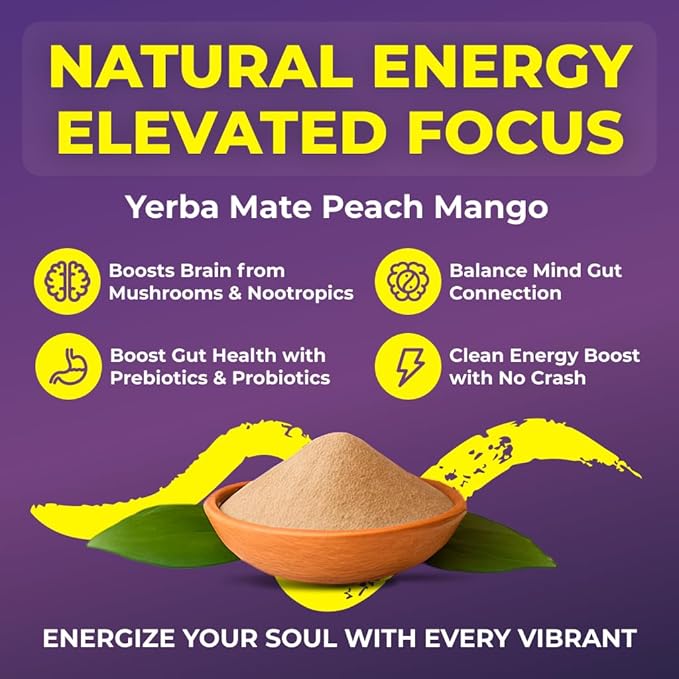 Peach Mango Yerba Mate Instant Tea – Nootropic Formula with Lion’s Mane, L-Theanine & Probiotics – Natural Energy, Focus & Digestive Support – 30 Servings
