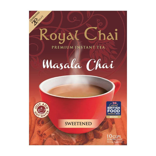 Royal Chai | Masala Chai Sweetened | 10 Count Single Box | All Natural, No Preservatives | Premium Instant Tea | Made in the UK