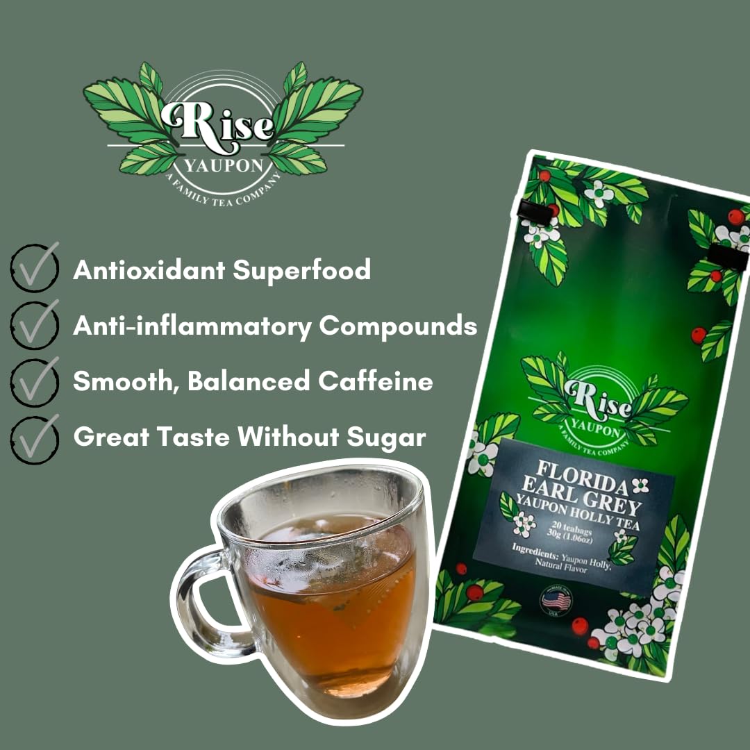 Florida Earl Grey Yaupon Holly Tea; 20 Teabags, 1.06oz, Naturally Caffeinated, Florida-grown Yaupon Holly with Bergamot