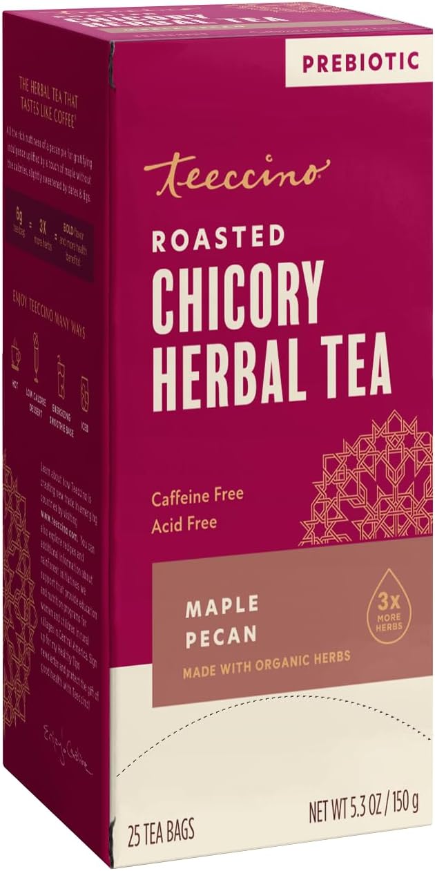 Teeccino Maple Pecan Herbal Tea - Rich & Roasted Herbal Tea That’s Caffeine Free & Prebiotic for Natural Energy, Coffee Alternative, 25 Count