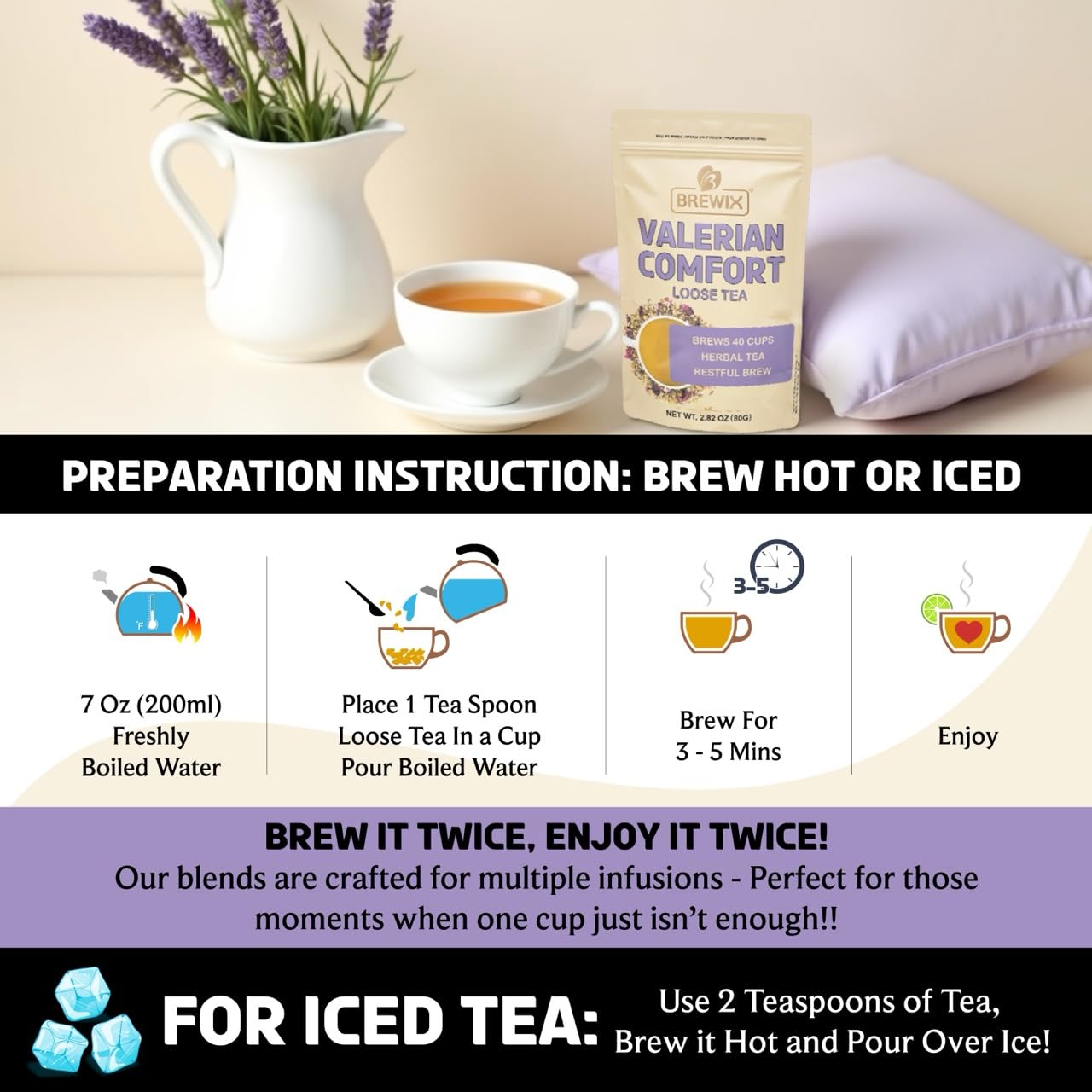 BREWIX, Valerian Comfort Tea for Sleep and Relaxation (40+ Cups, 2.82oz/80g) Caffeine-Free and Calming for Bedtime | Valerian Root, Chamomile & Lavender | Perfect Wellness Sleep