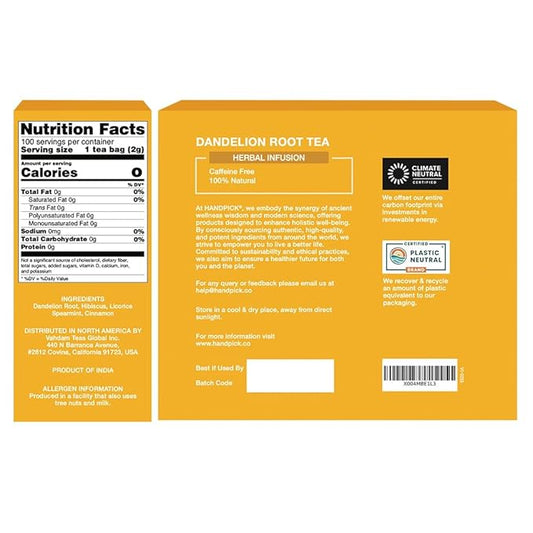 HANDPICK - Dandelion Root Tea bags, 100 Teabags - Natural Dandelion Herbal Tea for Liver & Kidney Health - Non-GMO - Caffeine-free - Support Digestion & Boost Immune System