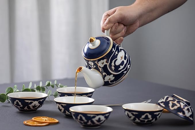Blue and White Tea Set - 28 oz. Bone China Teapot and 6 oz. Tea Cups with White Vintage Design