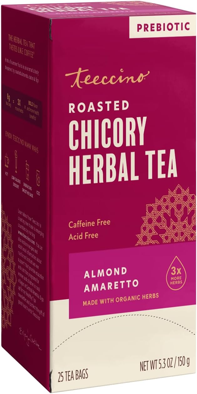 Teeccino Herbal Tea - Almond Amaretto - Rich & Roasted Herbal Tea That's Caffeine Free & Prebiotic for Natural Energy, 25 Tea Bags