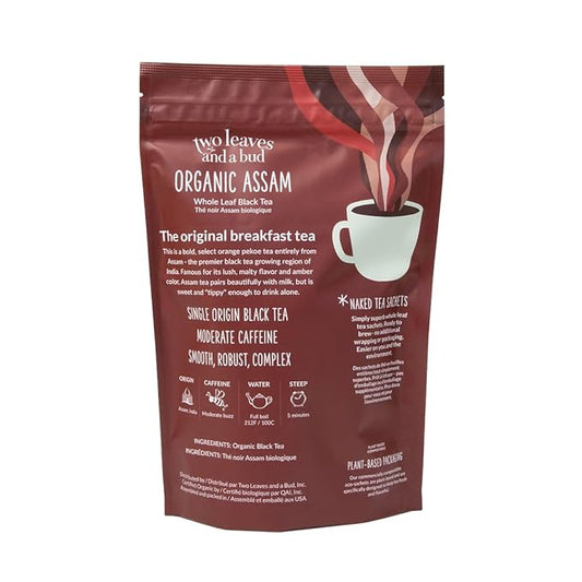 Two Leaves and a Bud Organic Assam - 50 Naked Tea Sachets, Whole Leaf Black Tea in Eco-Friendly Unwrapped Compostable Sachets, Resealable Bag, 50 Count (Pack of 1)