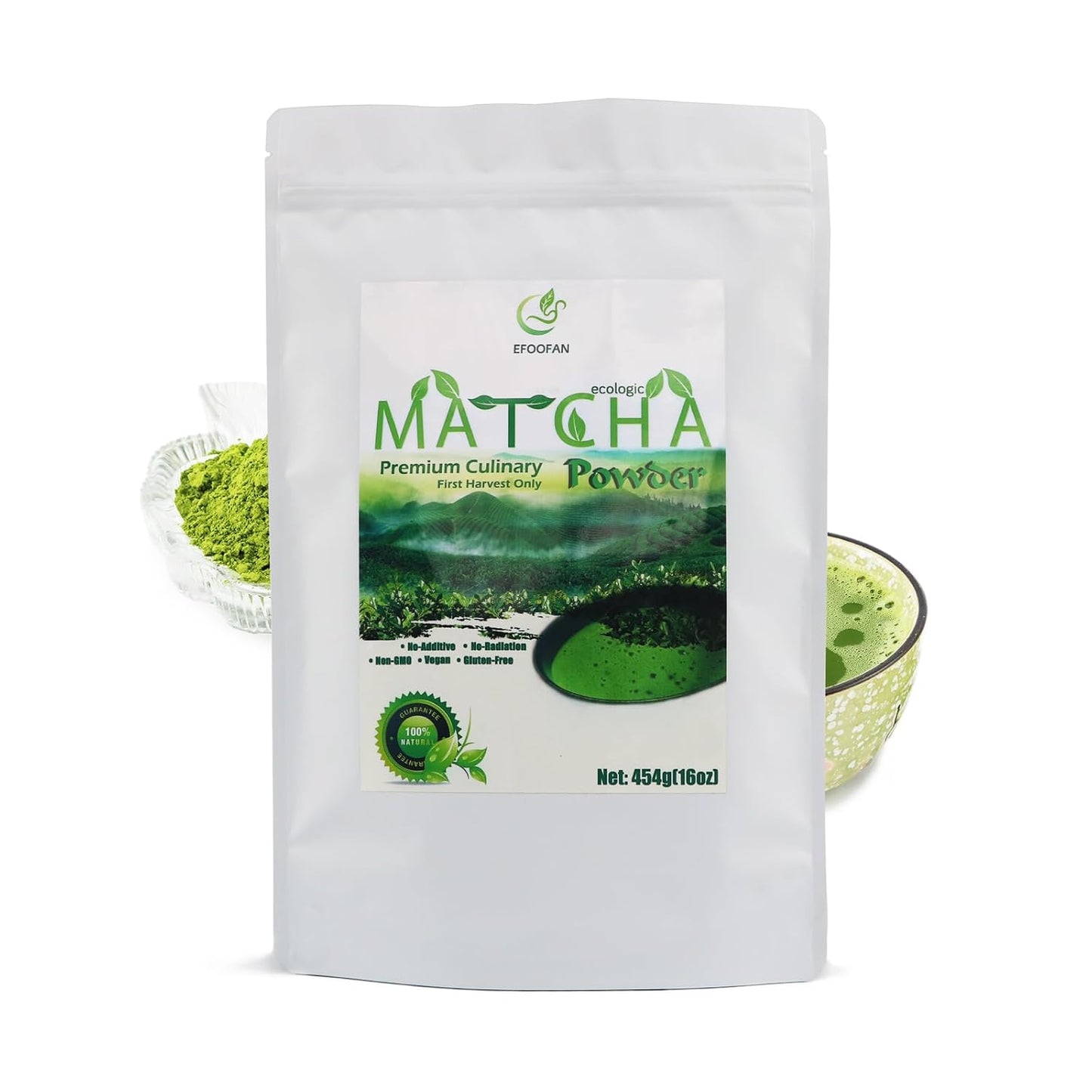 EFOOFAN Matcha Green Tea Powder - Premium Culinary Grade (1lb/16oz) - Rich Tencha Flavor, Antioxidant Polyphenols, Non-GMO, Gluten Free, Naturally Caffeined, Additives Free