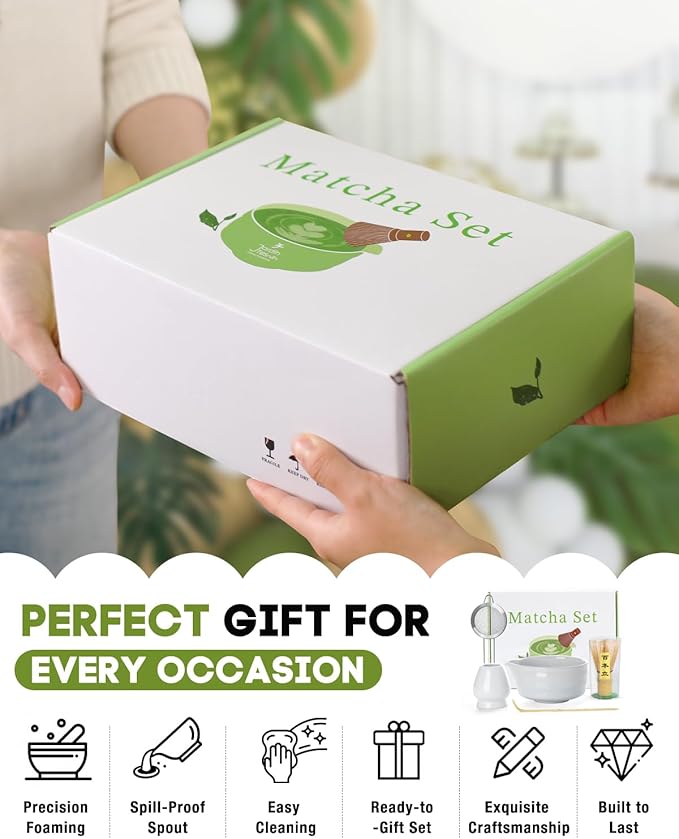 White Matcha Whisk Set - 5PCS Matcha Set Includes 17OZ Chawan with Spout, Bamboo Chasen Whisk with Ceramic Holder, Mat cha Scoop and Stainless Sifter, Matcha Kit for Ceremony, Gift for Matcha Lovers