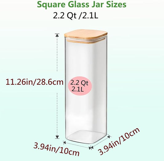 2.2 Qt Square Glass Storage Containers with Lids, Clear Food Storage Container Jar with Sealing Bamboo Lid Storage Containers for Pasta, Oats, Coffee, Flour, Sugar, Square Set-3Pack