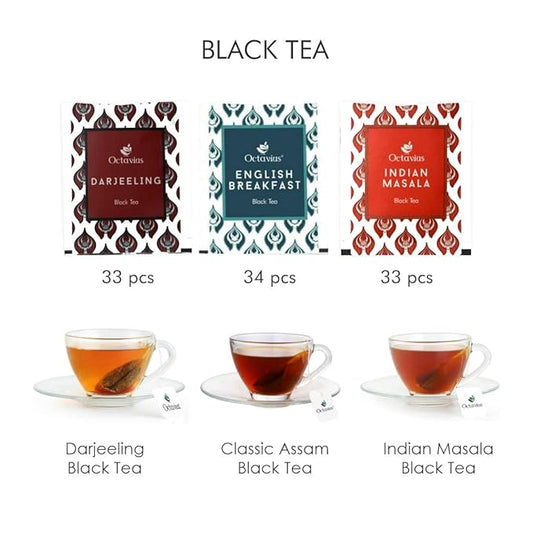 Octavius Assorted Black Tea Sampler Pack – 25 Tea Bags, 3 Flavors: Darjeeling, Assam, Indian Masala | Premium Black Tea Variety Pack