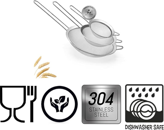 3 Fine Mesh Strainers Set with Handle for Kitchen - Sizes 7", 4.7", 3.3", Easy Clean 304 Stainless Steel, Comfortable Non-Slip Grip. Ideal for Tea, Coffee, Rice, Quinoa, Veggies & Fruits