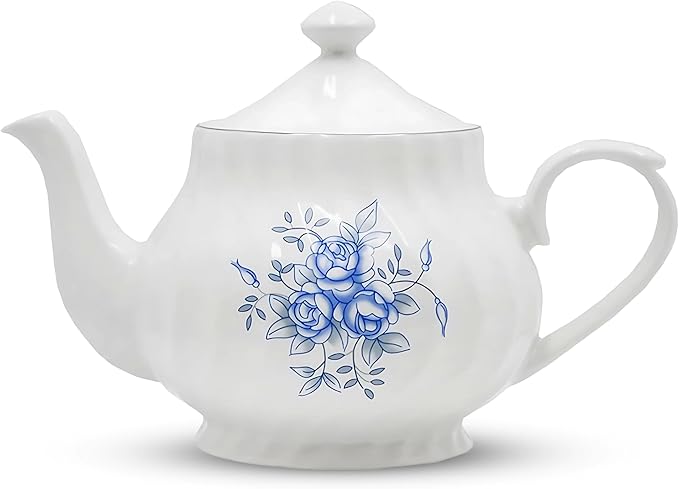Lynns Porcelain Vintage Teapot with Embossed Swirls 37oz Tea Pot Classic White Tea Set for Parties &