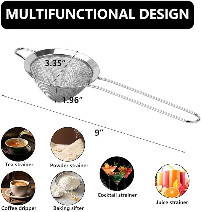 3 Pack Small Strainer 304 Stainless Steel Kitchen Fine Mesh Strainers Sieve Matcha Sifter with Handle for Tea, Coffee, Cocktails, Flour, Juice (3.35")