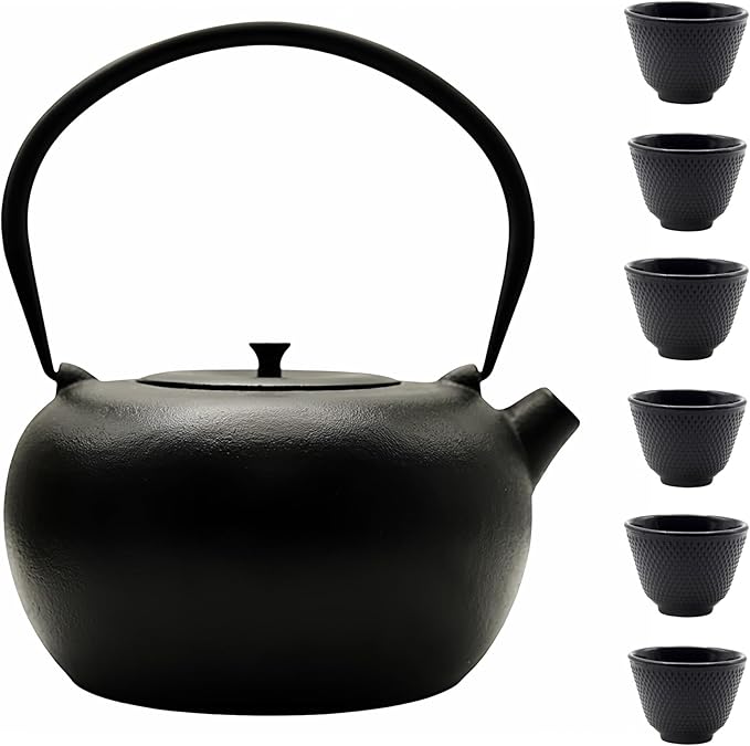 67.6oz Large Cast Iron Teapot and Cups Set, Black Enameled Tea Kettle for Stovetop, Heavy and Durable Tea Pot with Stainless Steel for Loose Tea
