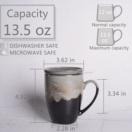 Bosmarlin Ceramic Tea Cup with Infuser and Lid, 13.5 Oz, 4 Colors to Choose, Dishwasher and Microwave Safe, Reactive Glaze
