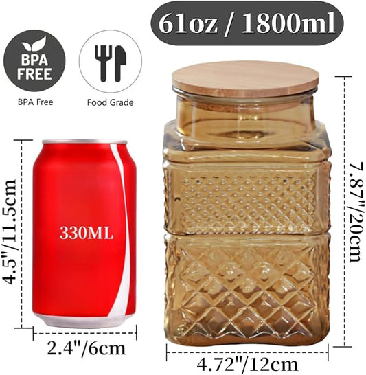 ANSQU Square Glass Jar, 61 Fl oz Candy Jar with Lid, Glass Food Storage Containers for Ground Coffee, Tea, Sugar, Decorative Mason Jar (Yellow)